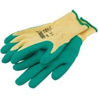 Green and yellow Draper work gloves with latex coating and ribbed cuffs, size large.