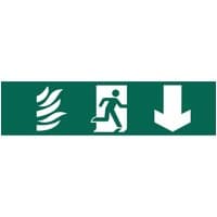 Green emergency exit sign with running man, flames on left, and downward arrow on right.