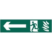Green emergency exit sign with white running figure, left arrow, and flame symbol.