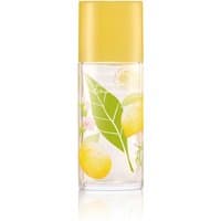 Clear bottle of Elizabeth Arden Green Tea Citron Freesia Eau de Toilette with yellow cap and citrus leaf design.