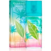 Green Tea Coconut Breeze Eau de Toilette 100ml with turquoise cap, tropical leaf design, and palm-themed box.