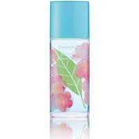 Clear bottle of Elizabeth Arden Green Tea Sakura Blossom Fragrance with pink floral design and blue cap, 100ml.