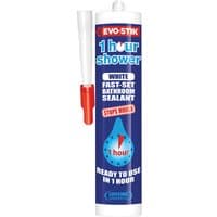 White Evo-stik 1 Hour Shower Sealant 310ml tube with red nozzle and blue label detailing fast-set and mold resistance.