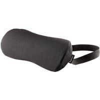 Black Fellowes Breyta lumbar cushion with adjustable strap, contoured design for office chair back support.