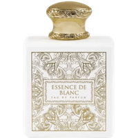 White French Avenue Essence De Blanc perfume bottle with ornate gold cap and intricate gold label design.