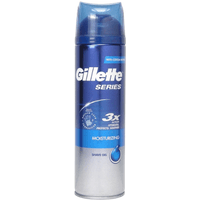 Gillette Series Moisturising Shave Gel, 200 ml blue can with silver cap and white text.