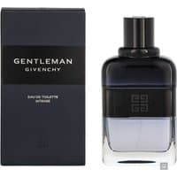 Black and navy Givenchy Gentleman Intense Eau de Toilette Spray bottle on display with matching box on the right.