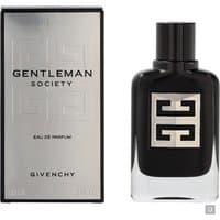 Black Givenchy Gentleman Society Eau de Parfum 60ml bottle with silver logo and matching silver-accented box.