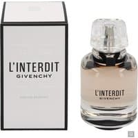 Clear glass bottle of Givenchy L'Interdit Eau de Parfum, black band, silver cap, next to white box with black text.
