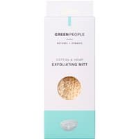 White and teal Green People exfoliating mitt packaging with cotton and hemp texture visible through a circular window.