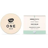 Green People One Balm 30ml, round beige container with black logo, next to white box with green accents.