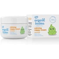 White jar of Green People Organic Babies Calming Nappy Cream, 50ml, with green leaf design and matching box.