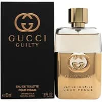 Gucci Guilty Pour Femme Eau De Toilette 50ml bottle with gold accents and matching black box with gold logo.