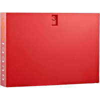 Red rectangular Gucci Rush Eau de Toilette bottle with white logo on the side, 75ml.