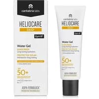 White Heliocare 360 Water Gel SPF50+ tube with black cap, next to matching branded box with orange accents.