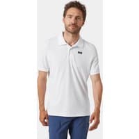 White Helly Hansen polo shirt with short sleeves, small HH logo on chest, worn by a male model.