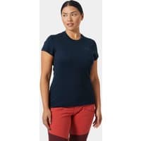 Navy Helly Hansen women's technical T-shirt with short sleeves and fitted design, worn by a model.