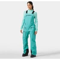 Green Helly Hansen women's bib pants with adjustable straps, front zipper pocket, and reinforced knees, size L.
