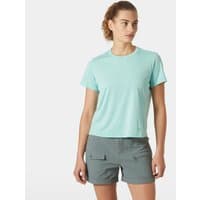 Green Helly Hansen women's T-shirt, short sleeves, crew neck, medium size, paired with gray shorts.