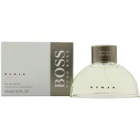 Hugo Boss HUGO Woman Eau De Parfum 90ml, clear curved bottle with silver cap, beside silver and white box.