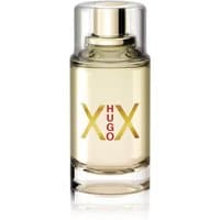 Clear glass bottle of Hugo Boss Hugo XX Woman Eau de Toilette, gold lettering, 100ml size.
