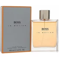 Clear glass bottle of Hugo Boss In Motion Eau De Toilette 100ml with silver cap and orange-accented box.