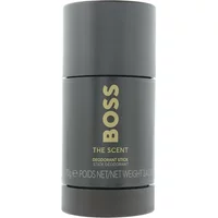 Gray Hugo Boss The Scent deodorant stick, 75ml, with gold logo and text on a sleek cylindrical container.