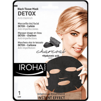 Iroha Detox Black Sheet Mask packaging with charcoal illustration and woman's face, labeled anti-blemish and hyaluronic acid.