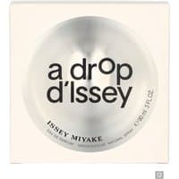 Round silver bottle of Issey Miyake A Drop D'Issey Eau de Parfum Spray, 90ml, with bold black text on the front.