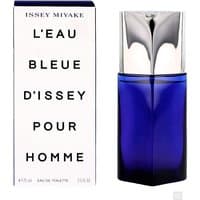 Blue glass bottle with silver cap, Issey Miyake L'Eau Bleue D'Issey Homme Eau de Toilette 75ml, white box packaging.
