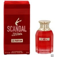 Red Jean Paul Gaultier Scandal Le Parfum bottle with gold cap, next to matching red box with bold white lettering.