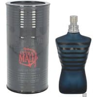 Dark blue torso-shaped bottle with black stripes, silver cap; cylindrical gray container with red text.