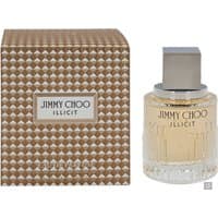 Jimmy Choo Illicit Eau de Parfum 40ml, clear glass bottle with textured design, silver cap, next to patterned box.
