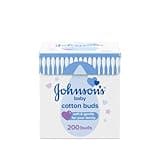 Johnson's Baby Cotton Buds pack, 200 count, blue and white box with heart design, 100% pure cotton, plastic-free.