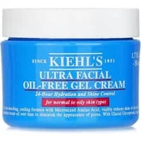 Blue Kiehl's Ultra Facial Oil-Free Gel Cream jar, 50ml, white lid, text highlighting hydration for normal to oily skin.