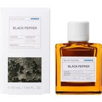 Square amber bottle of Korres Black Pepper Eau de Toilette 50ml with white cap and matching box.