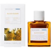 Korres Black Sugar Eau de Toilette 50ml, amber square bottle with white cap, next to matching white box.