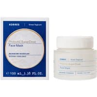 Korres Greek Yoghurt Face Mask, white jar with blue label, 100ml, next to matching blue and white box.