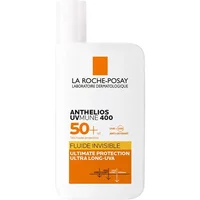White La Roche-Posay sunscreen bottle with orange label, SPF50+, rectangular shape, 50ml size.