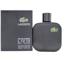 Black Lacoste Eau De Toilette bottle with crocodile logo, next to matching black box, 100ml size.