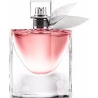 Clear glass bottle with pink perfume, silver cap, and gray ribbon bow, Lancôme La Vie Est Belle Eau de Parfum 75ml.