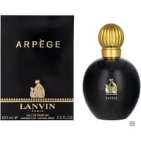 Black Lanvin Arpege Pour Femme perfume bottle with gold cap, next to matching black and gold box, 100ml size.