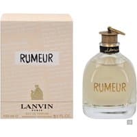 Lanvin Rumeur Eau de Parfum 100ml in a clear round bottle with gold cap, next to beige box with gold lettering.