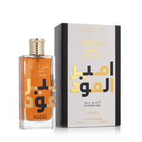 Lattafa Ameer Al Oudh Intense Oud perfume, 100 ml bottle with gold cap, black and gold text on box.