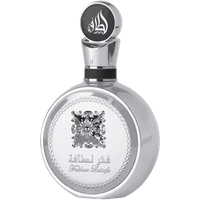 Lattafa Fakhar Platin Unisex Eau De Parfum, 100 ml, silver round bottle with ornate emblem and black cap.