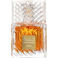 Lattafa Khamrah Eau de Parfum 100 ml, unisex spicy perfume in a clear, textured glass bottle with gold label.