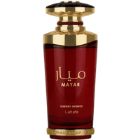 Lattafa Mayar Cherry Intense Eau de Parfum, 100ml, deep red bottle with gold accents and black cap.