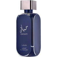 Lattafa Hayaati Al Maleky Eau De Parfum, 100 ml, sleek dark blue bottle with silver cap and Arabic script.