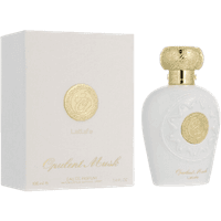 White Lattafa Opulent Musk perfume bottle with gold cap and emblem, next to matching white and gold box.