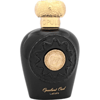 Black Lattafa Opulent Oud Eau de Parfum bottle with gold embossed cap and ornate central emblem, 100ml.